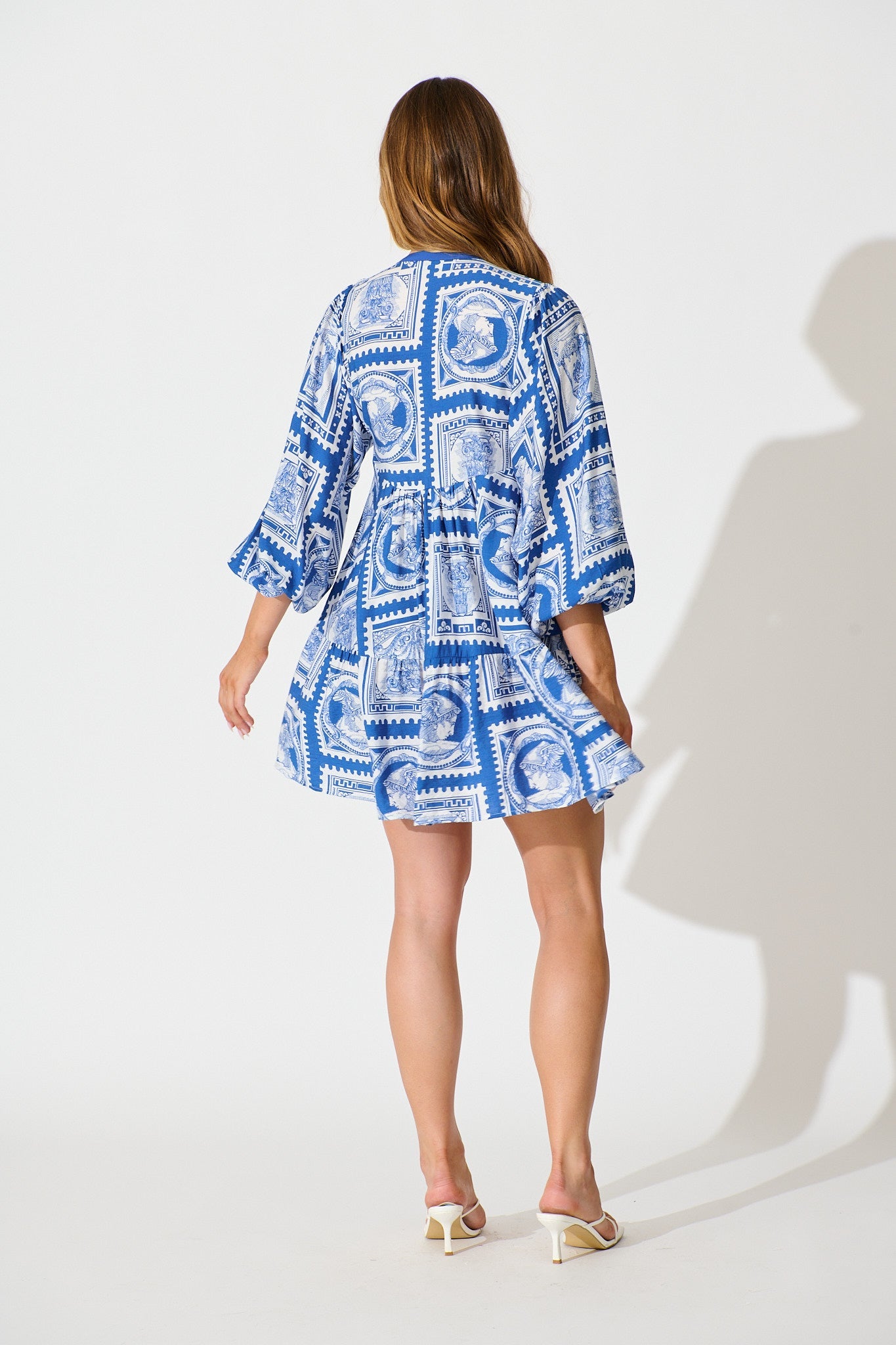 Rayla Smock Dress in Blue with White Stamp Print