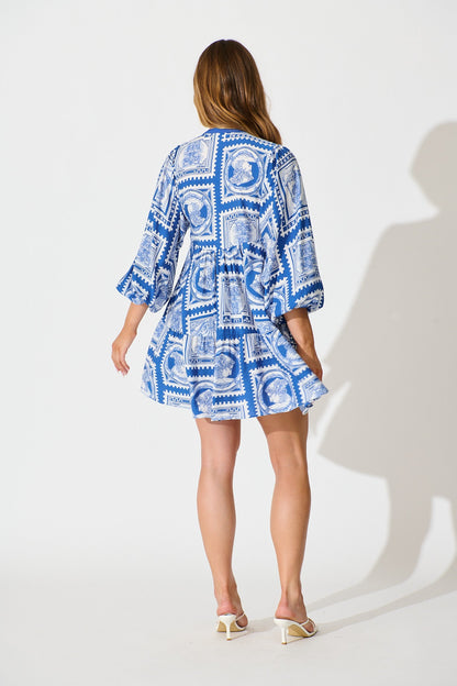 Rayla Smock Dress in Blue with White Stamp Print