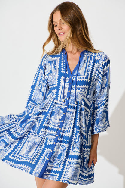 Rayla Smock Dress in Blue with White Stamp Print