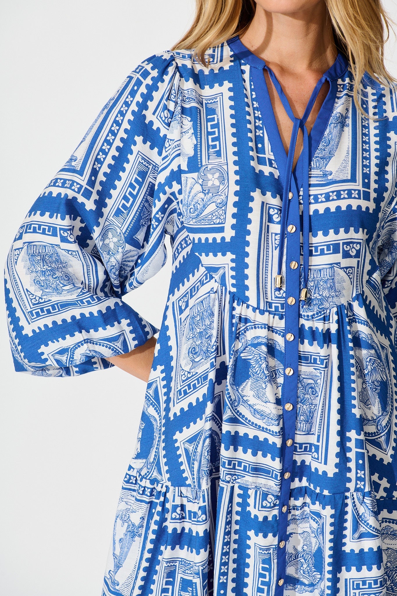 Rayla Smock Dress in Blue with White Stamp Print