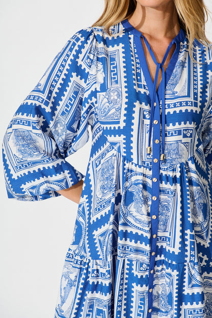Rayla Smock Dress in Blue with White Stamp Print
