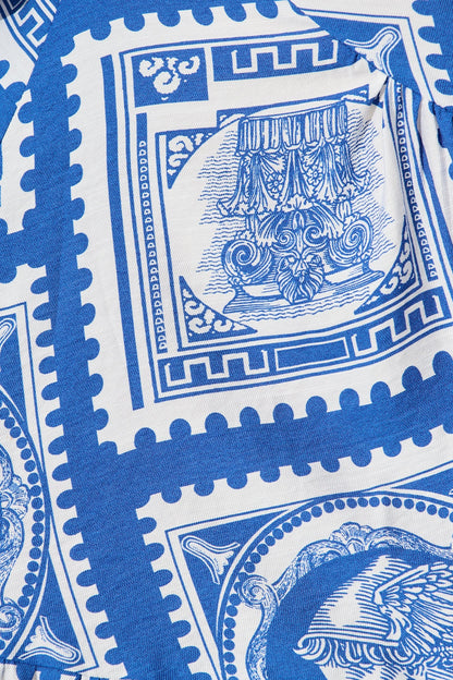 Rayla Smock Dress in Blue with White Stamp Print