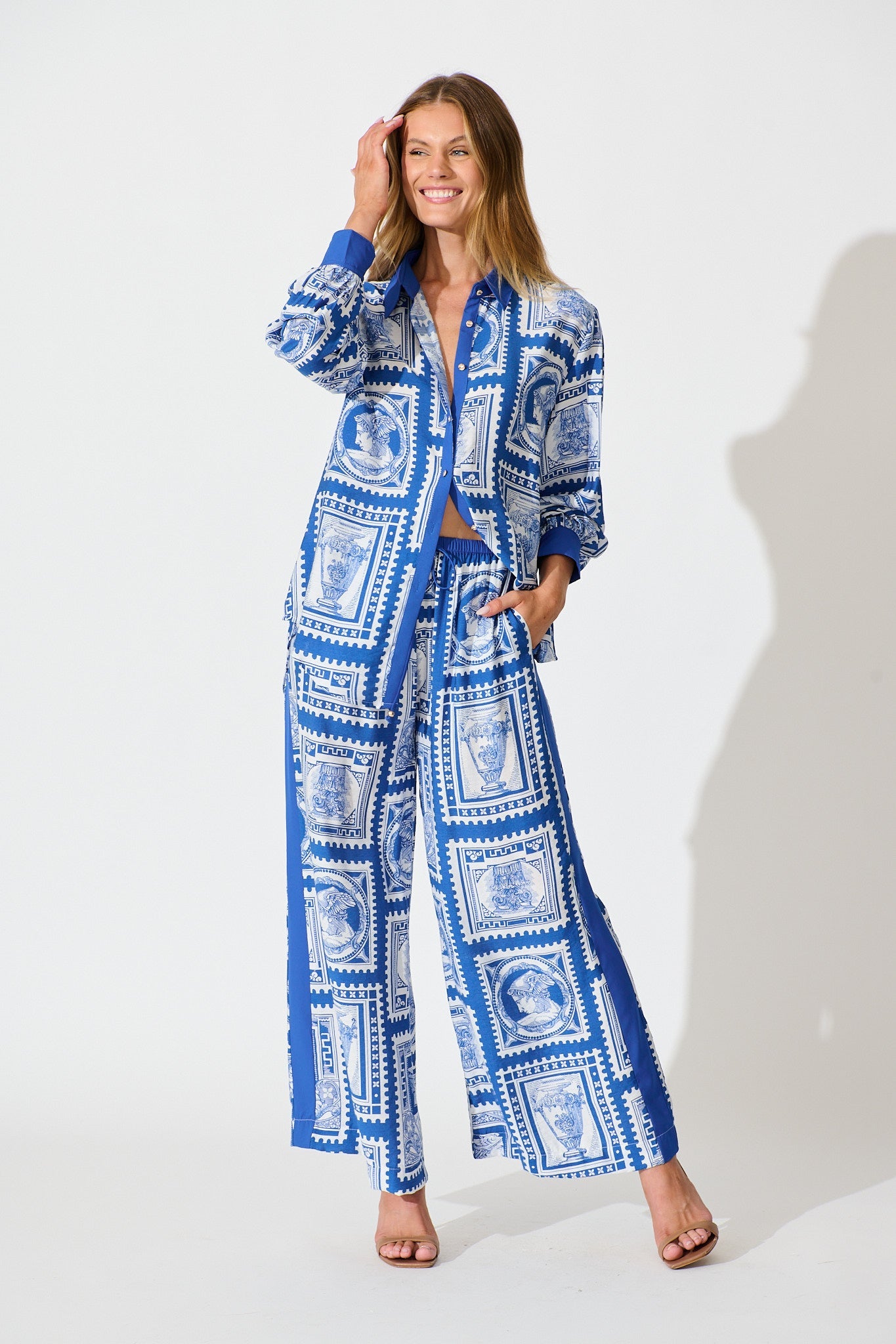 Adila Shirt in Blue with White Stamp Print