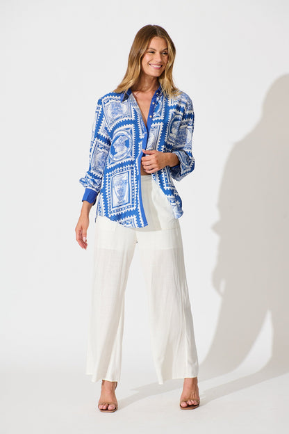 Adila Shirt in Blue with White Stamp Print