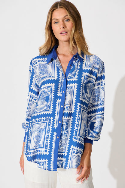 Adila Shirt in Blue with White Stamp Print