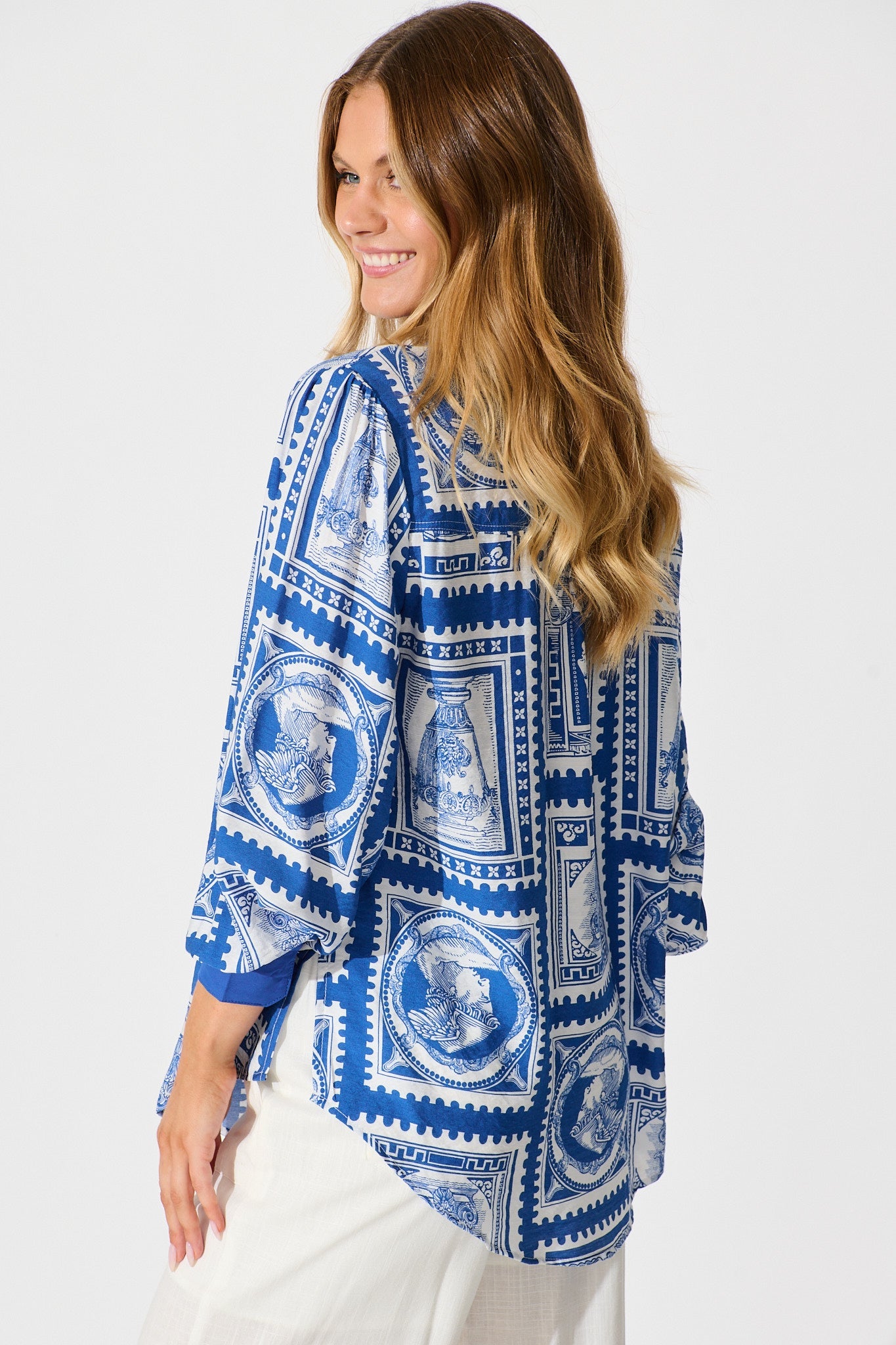 Adila Shirt in Blue with White Stamp Print