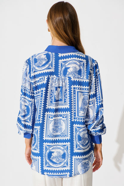Adila Shirt in Blue with White Stamp Print