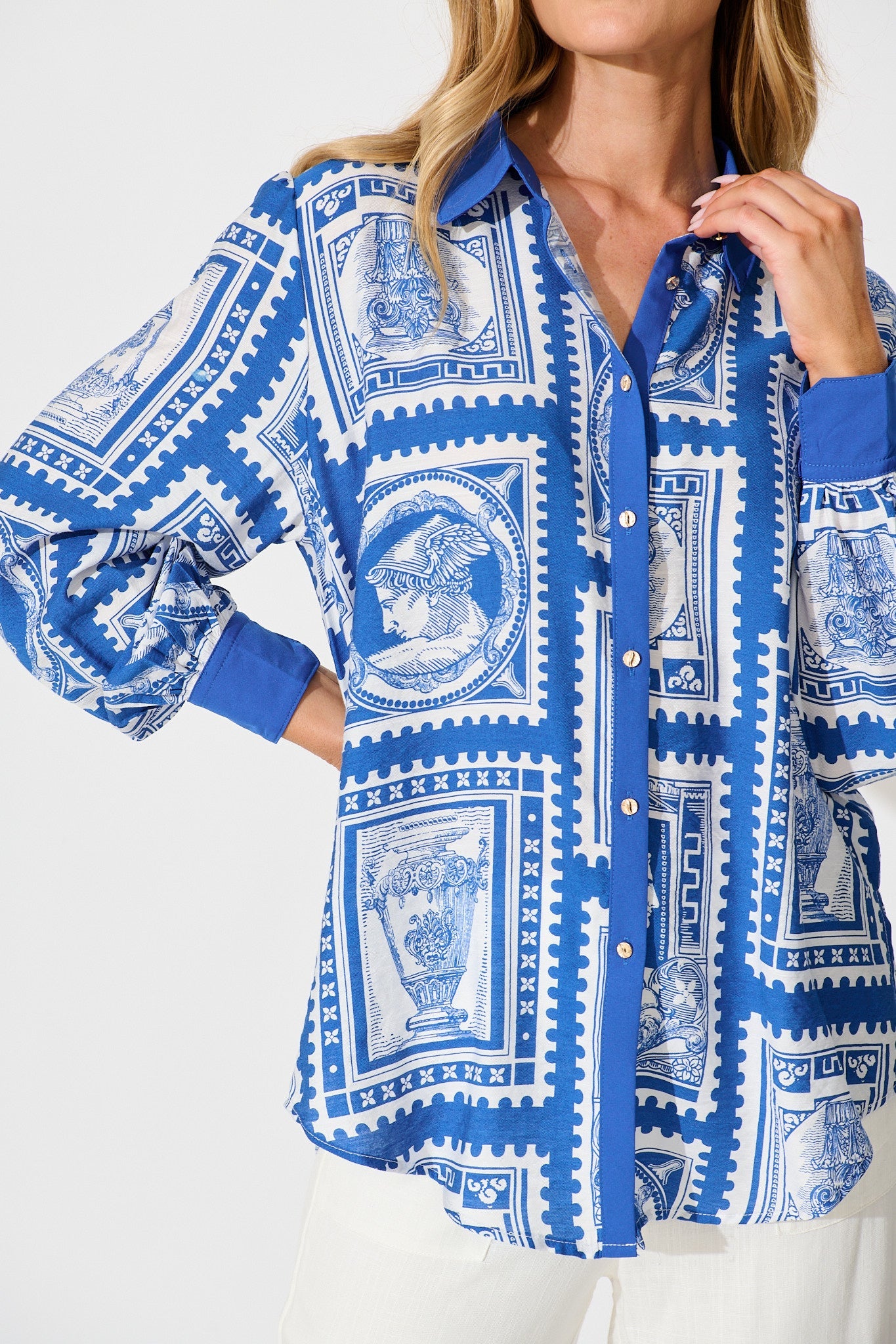 Adila Shirt in Blue with White Stamp Print