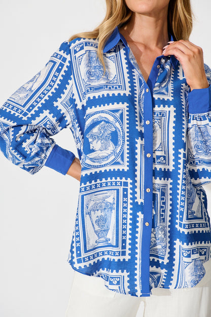 Adila Shirt in Blue with White Stamp Print