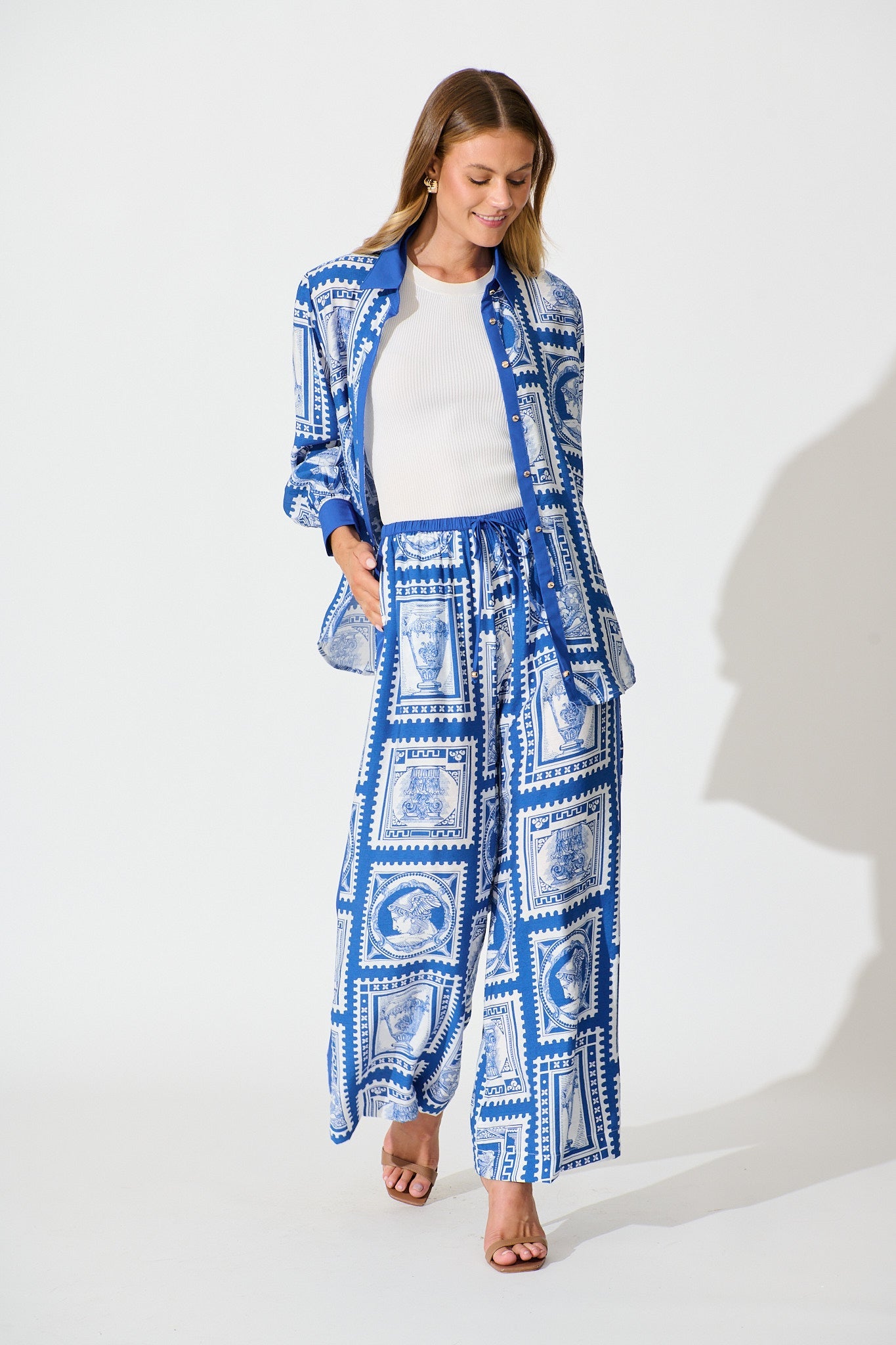 Romeo Pant in Blue with White Stamp Print