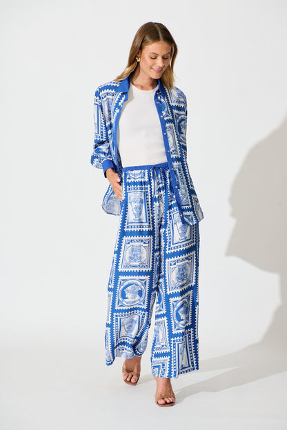 Romeo Pant in Blue with White Stamp Print