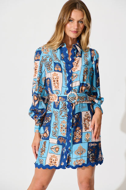 Amico Dress in Blue with Brown Patchwork Print