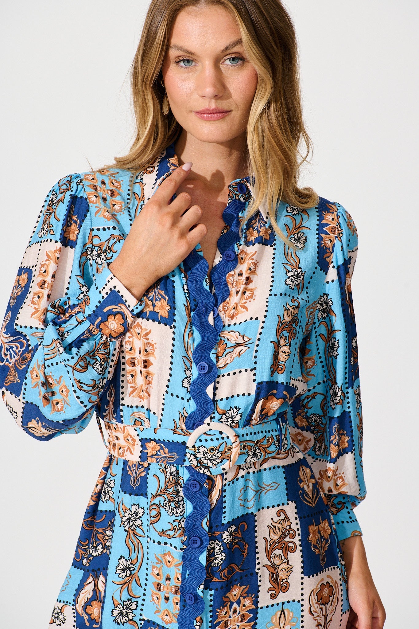 Amico Dress in Blue with Brown Patchwork Print