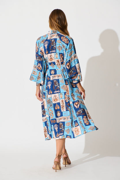 Corina Midi Dress in Blue with Brown Patchwork Print