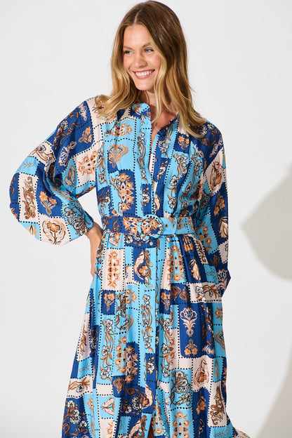 Corina Midi Dress in Blue with Brown Patchwork Print