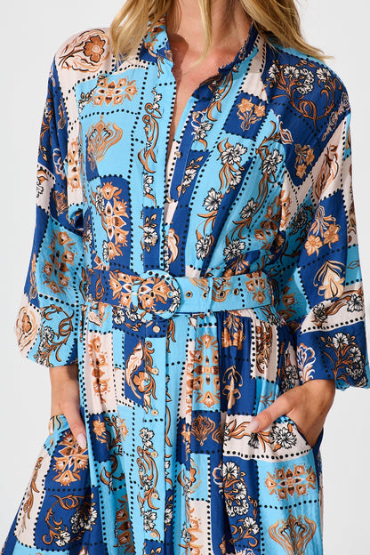 Corina Midi Dress in Blue with Brown Patchwork Print