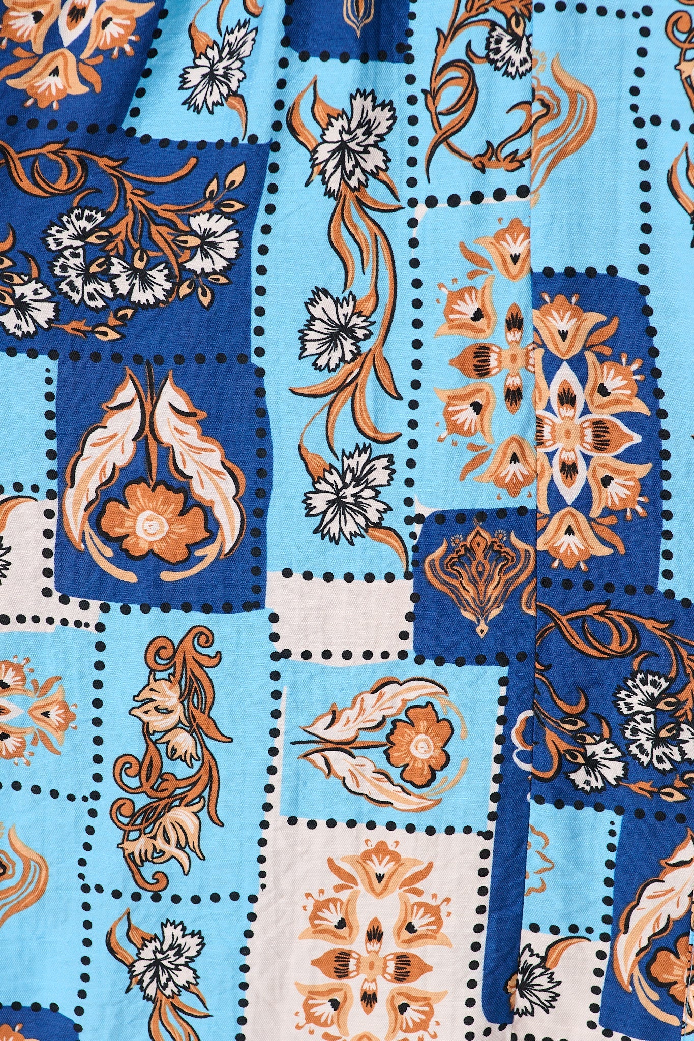 Corina Midi Dress in Blue with Brown Patchwork Print