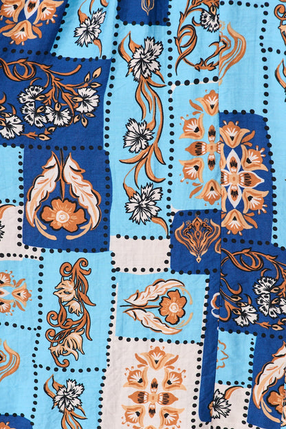 Corina Midi Dress in Blue with Brown Patchwork Print