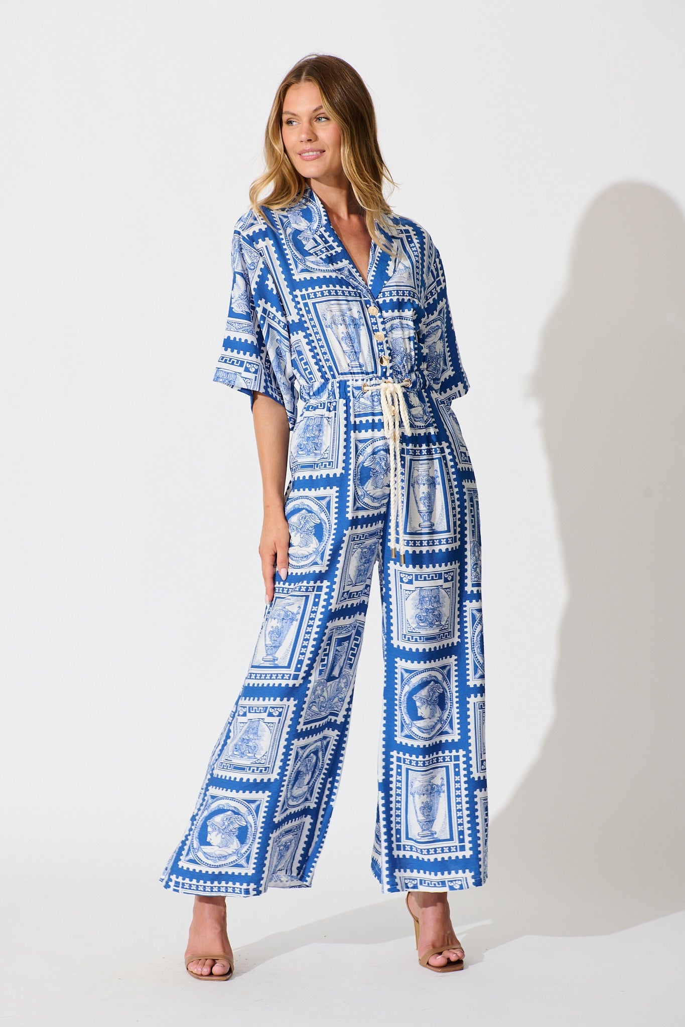 Gracelands Jumpsuit in Blue with White Stamp Print