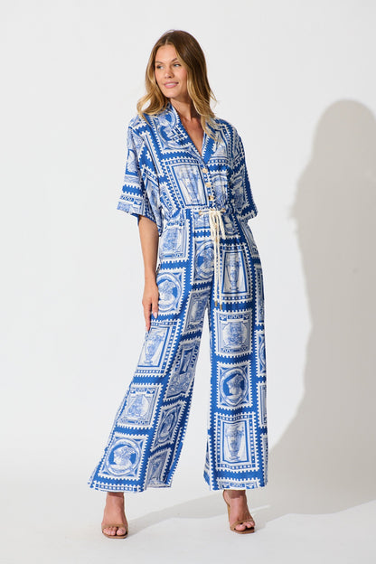 Gracelands Jumpsuit in Blue with White Stamp Print
