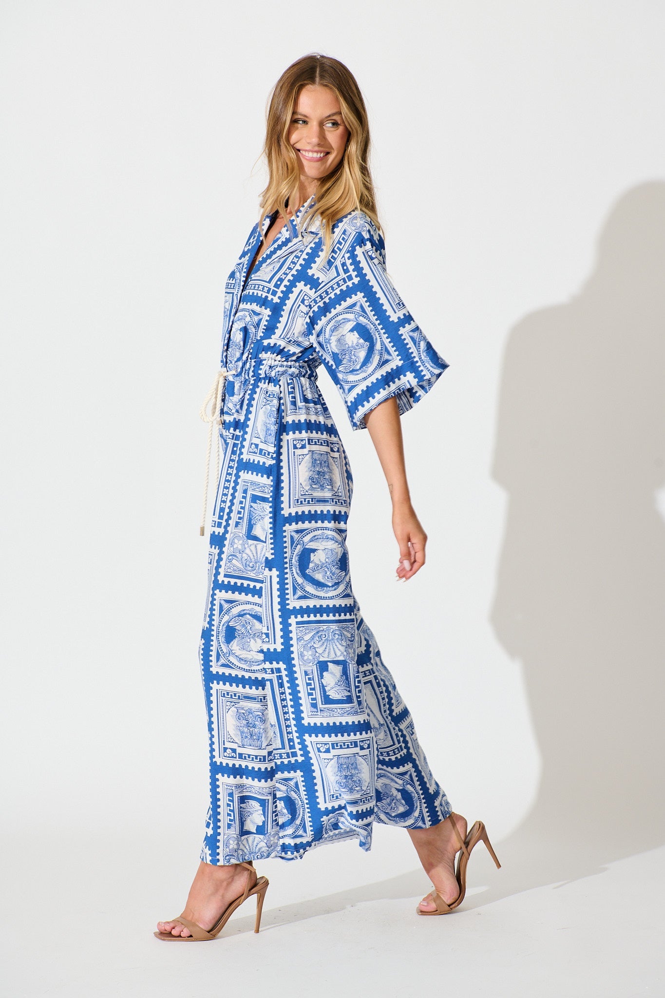 Gracelands Jumpsuit in Blue with White Stamp Print
