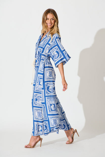 Gracelands Jumpsuit in Blue with White Stamp Print