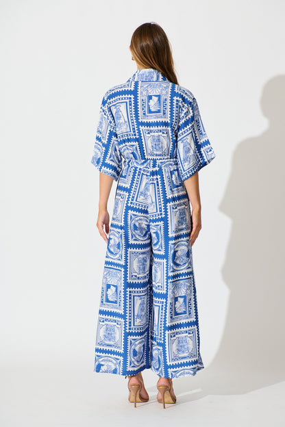 Gracelands Jumpsuit in Blue with White Stamp Print