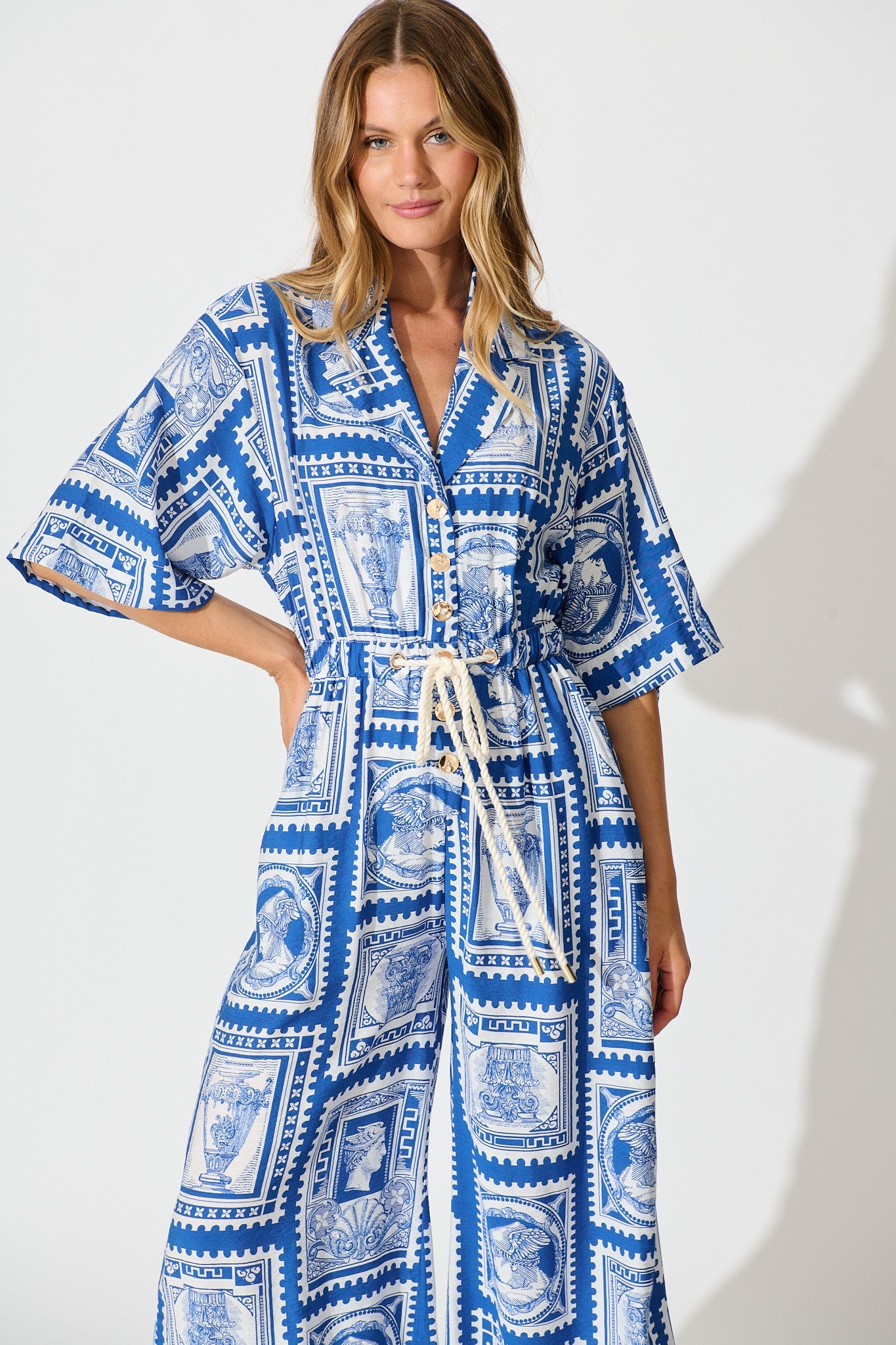 Gracelands Jumpsuit in Blue with White Stamp Print