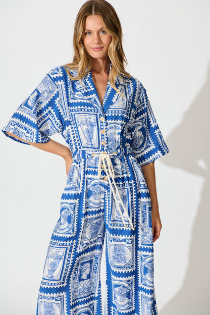 Gracelands Jumpsuit in Blue with White Stamp Print