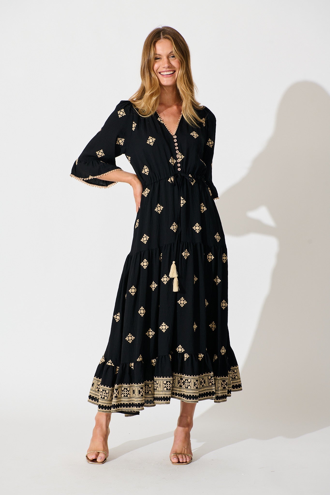 Kelsey Midi Dress in Black with Cream Embroidery