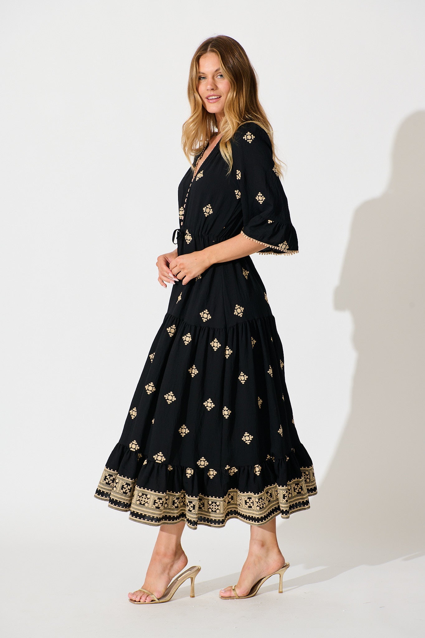 Kelsey Midi Dress in Black with Cream Embroidery