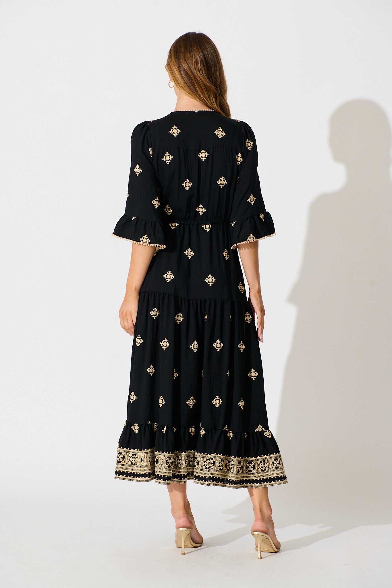 Kelsey Midi Dress in Black with Cream Embroidery