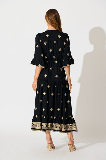 Kelsey Midi Dress in Black with Cream Embroidery