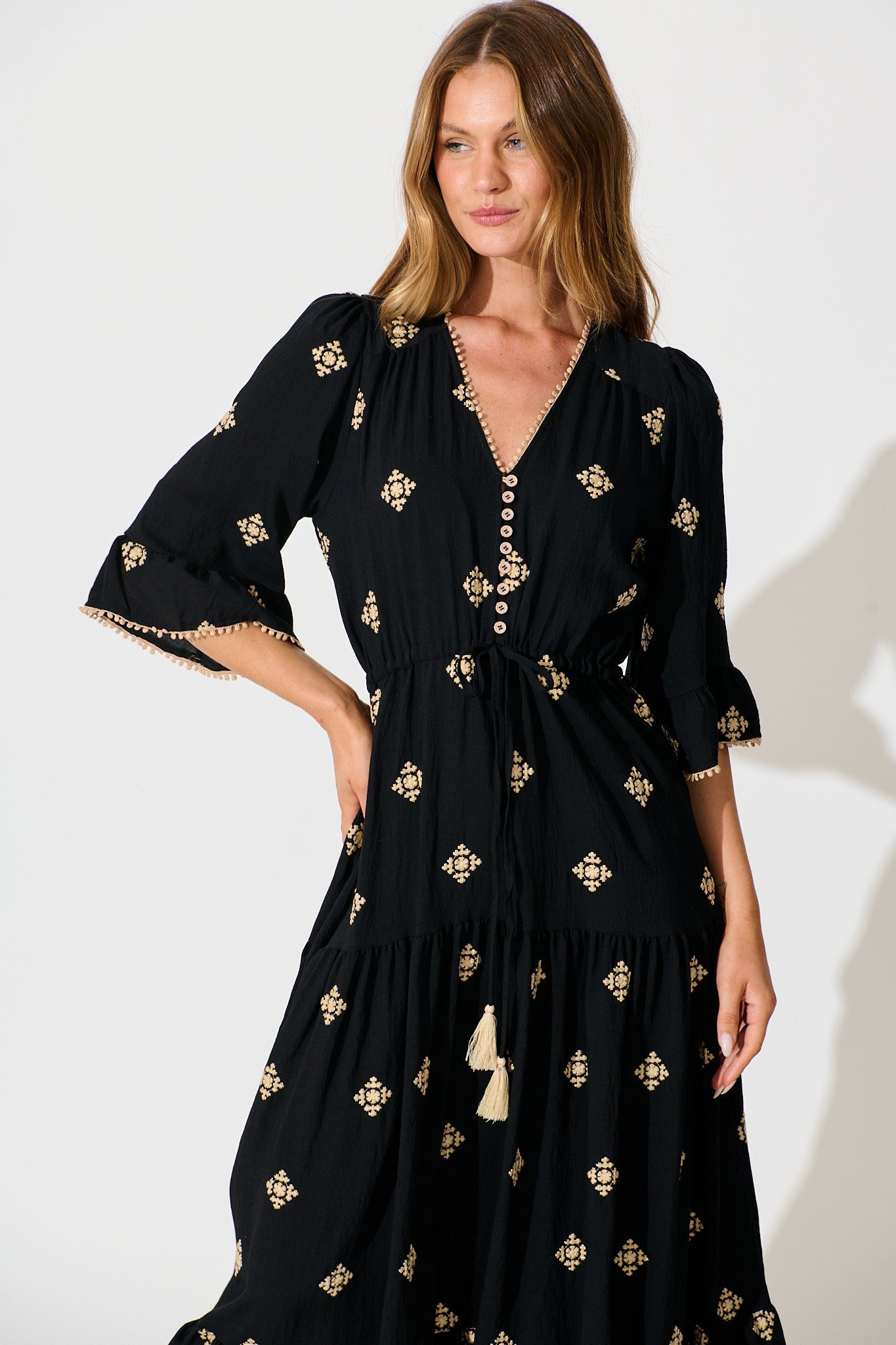 Kelsey Midi Dress in Black with Cream Embroidery