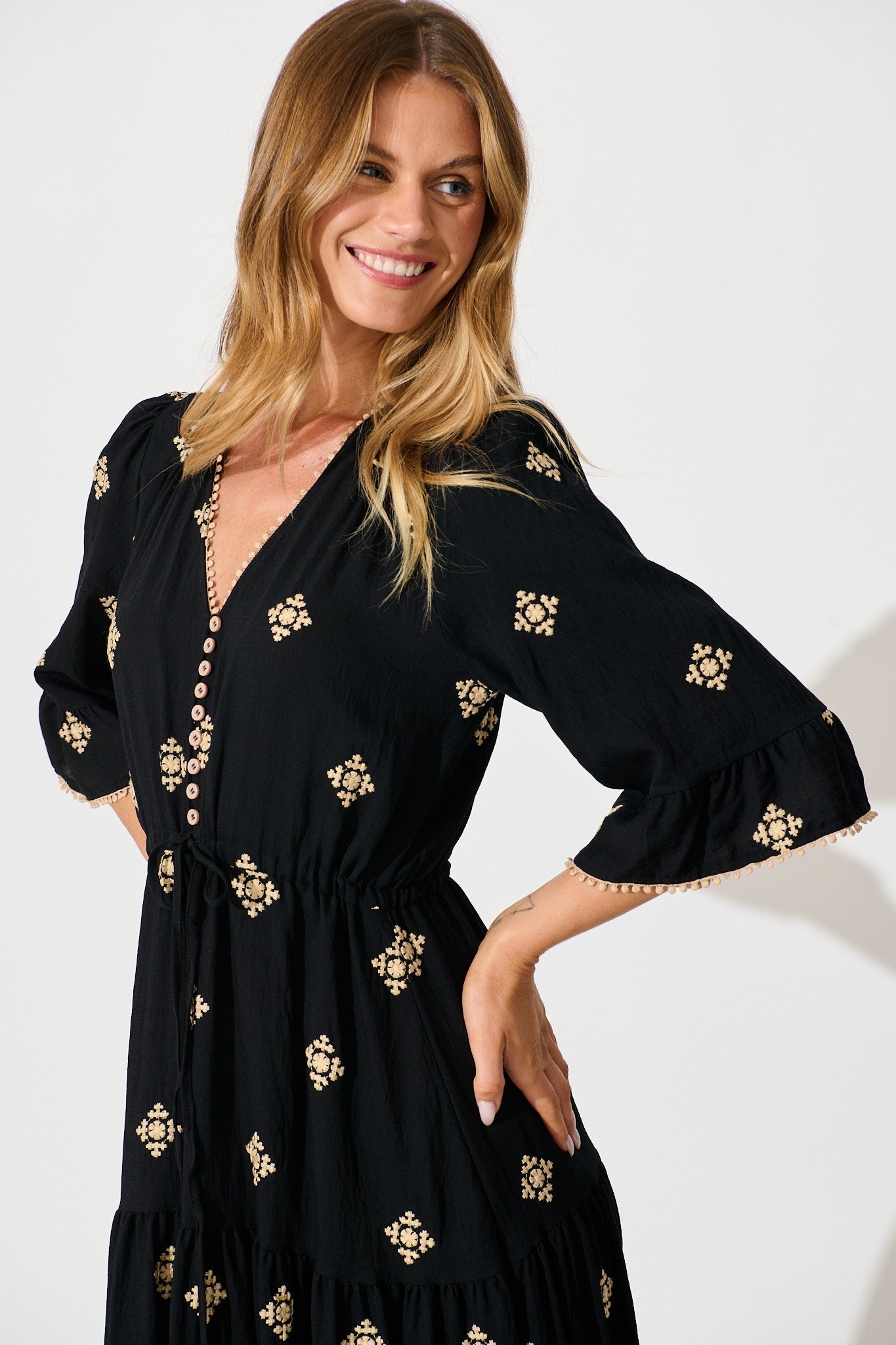 Kelsey Midi Dress in Black with Cream Embroidery