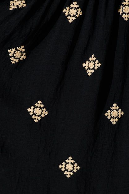 Kelsey Midi Dress in Black with Cream Embroidery