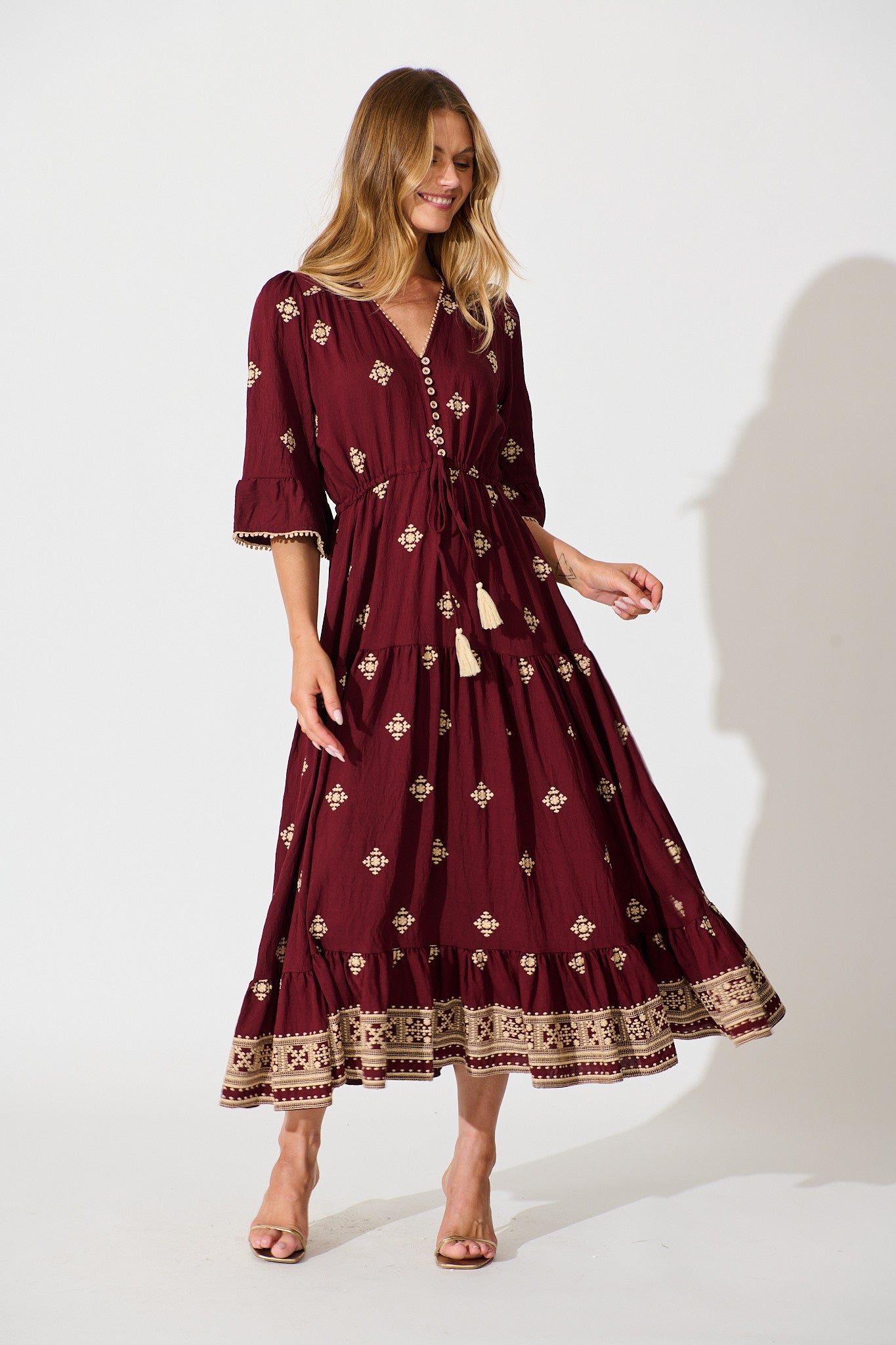 Kelsey Midi Dress in Wine with Cream Embroidery