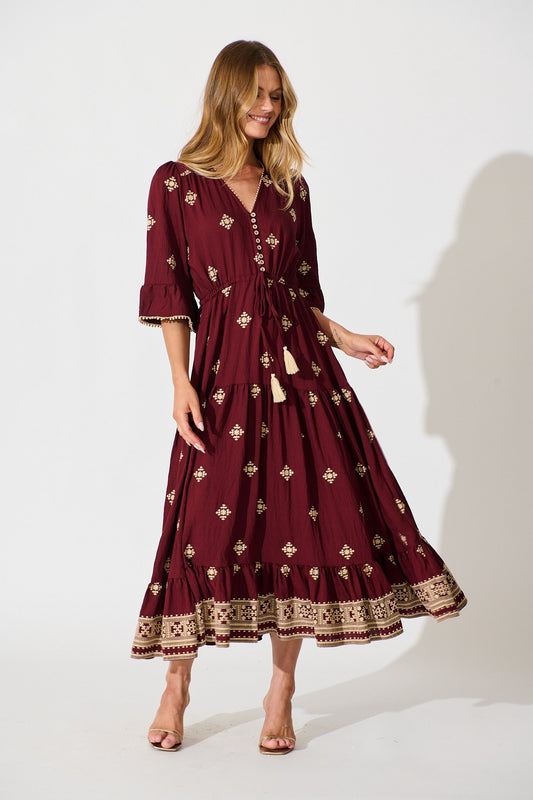 Kelsey Midi Dress in Wine with Cream Embroidery