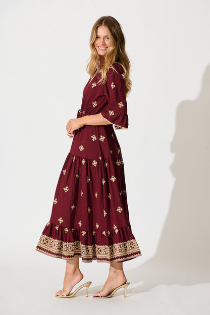 Kelsey Midi Dress in Wine with Cream Embroidery