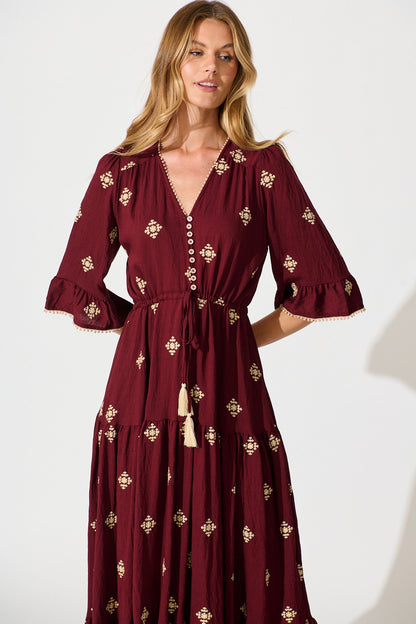 Kelsey Midi Dress in Wine with Cream Embroidery