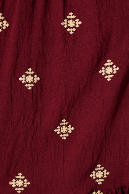 Kelsey Midi Dress in Wine with Cream Embroidery