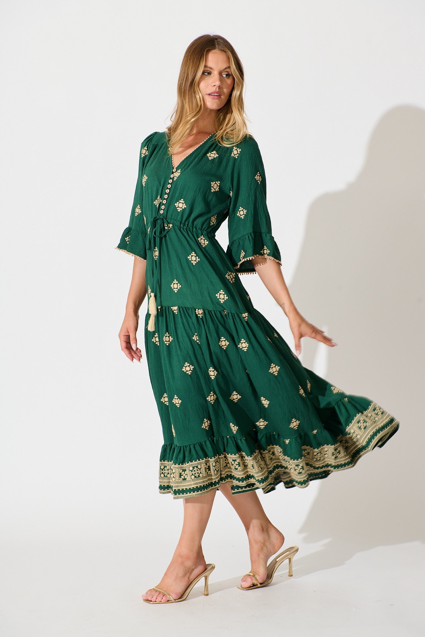 Kelsey Midi Dress in Emerald with Cream Embroidery