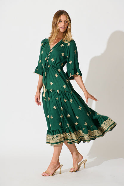 Kelsey Midi Dress in Emerald with Cream Embroidery