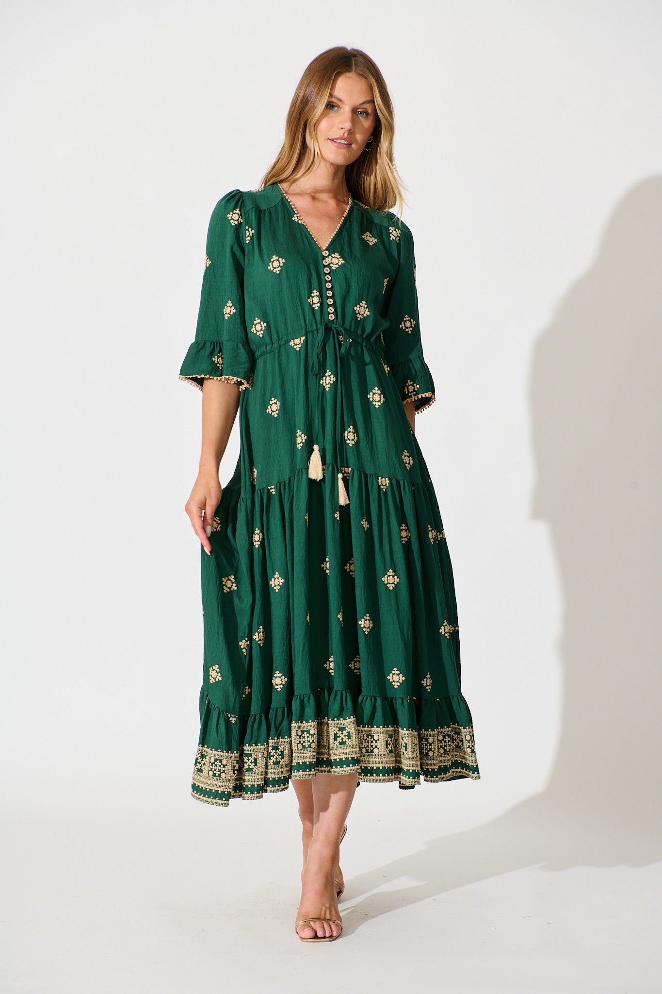 Kelsey Midi Dress in Emerald with Cream Embroidery