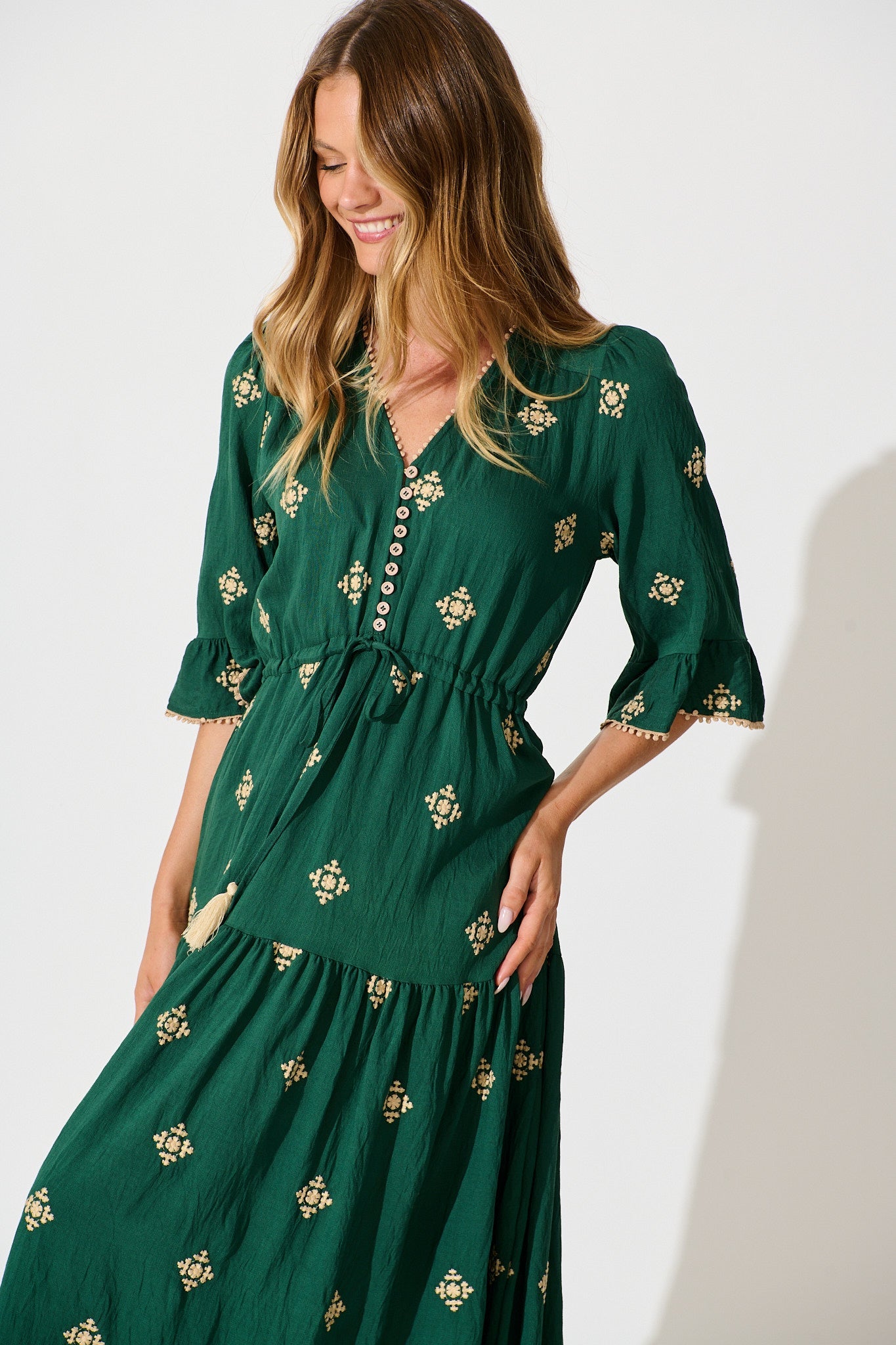Kelsey Midi Dress in Emerald with Cream Embroidery
