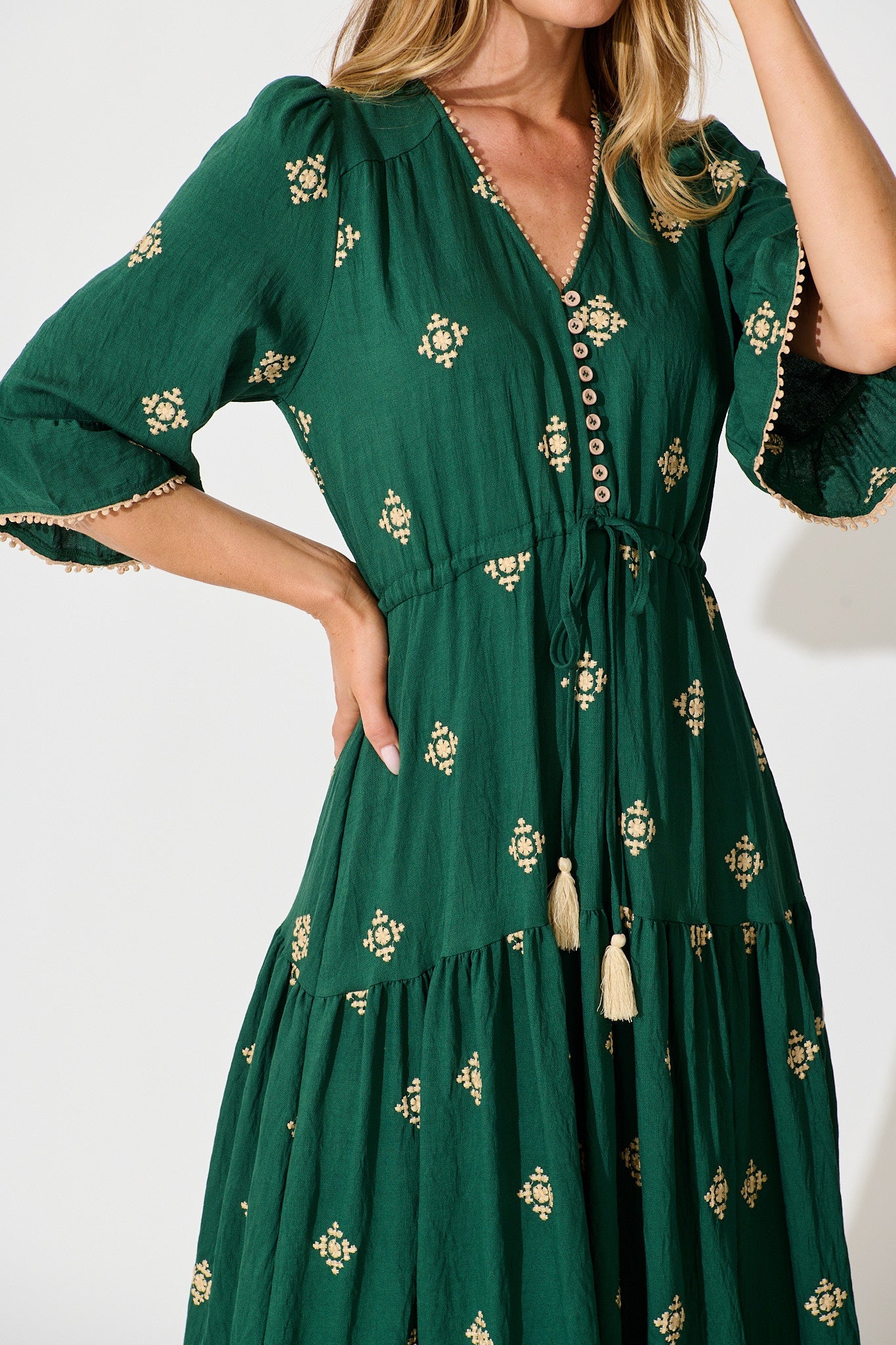Kelsey Midi Dress in Emerald with Cream Embroidery
