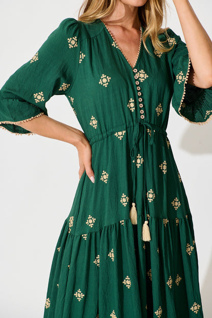 Kelsey Midi Dress in Emerald with Cream Embroidery
