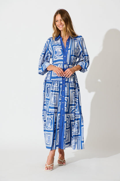 Nouveau Maxi Shirt Dress in Blue with White Stamp Print