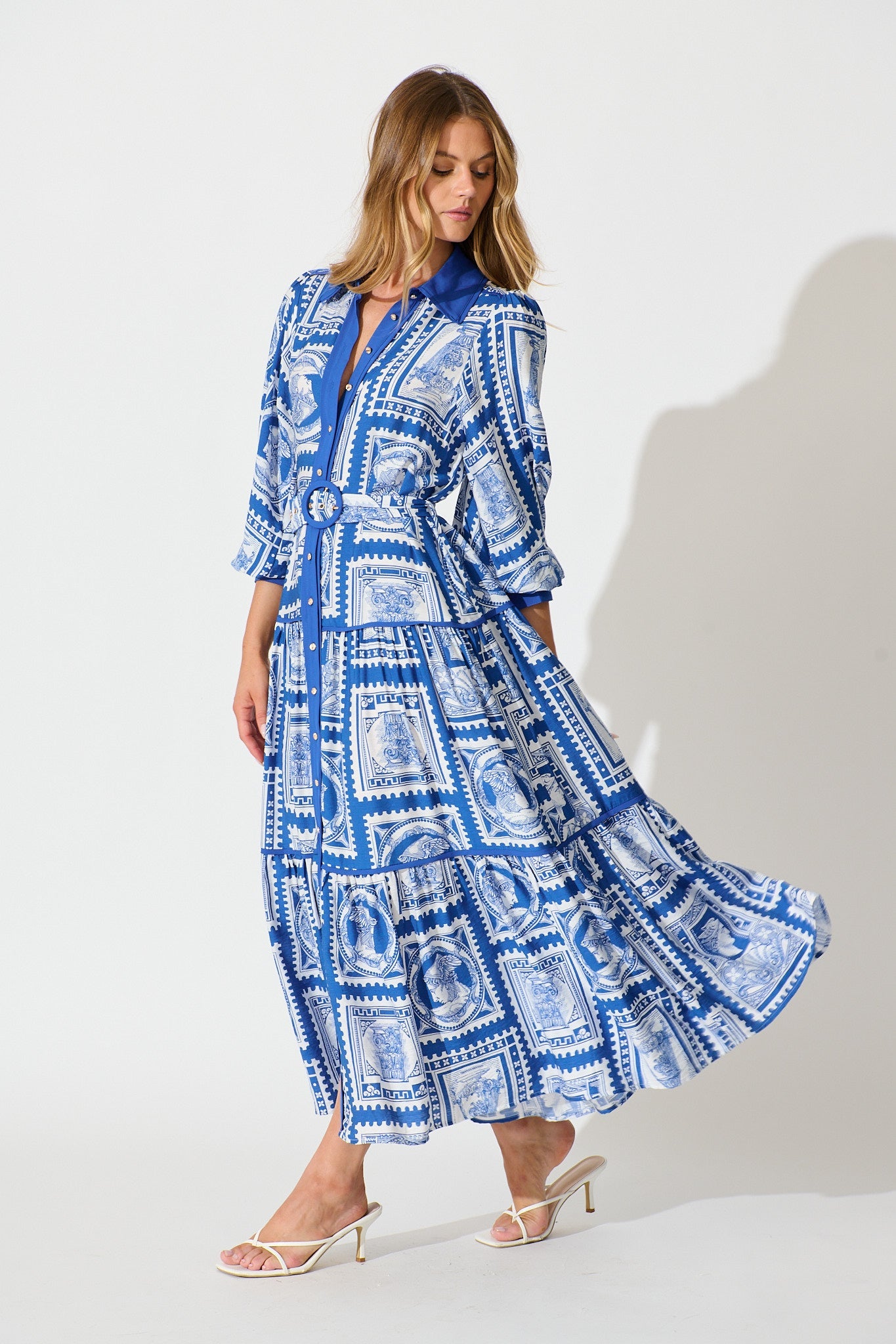 Nouveau Maxi Shirt Dress in Blue with White Stamp Print