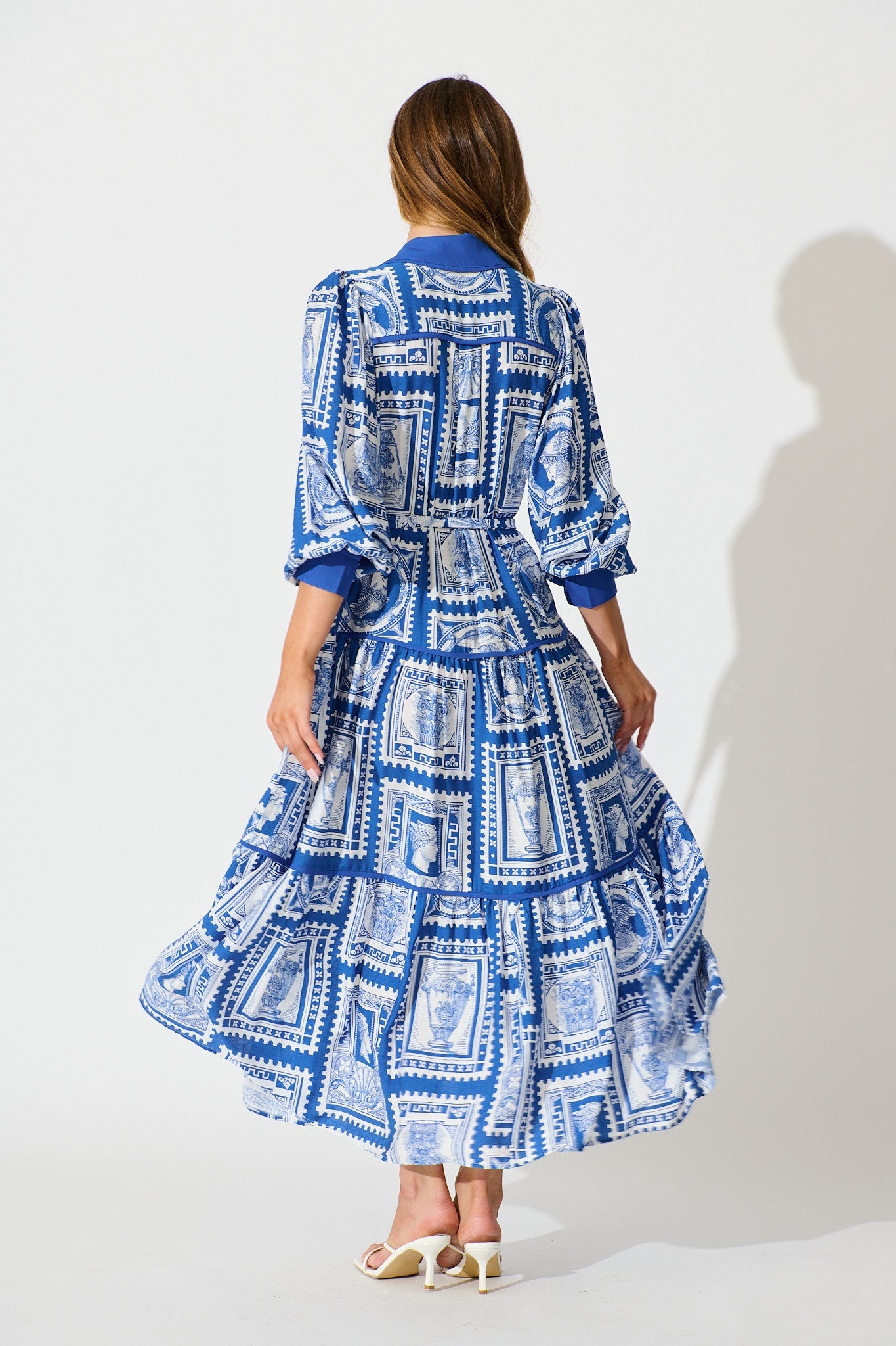 Nouveau Maxi Shirt Dress in Blue with White Stamp Print